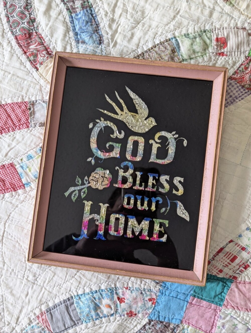 VTG MC Swallow "God Bless Our Home" Reverse Foil Wall Art Shabby Chic Decor